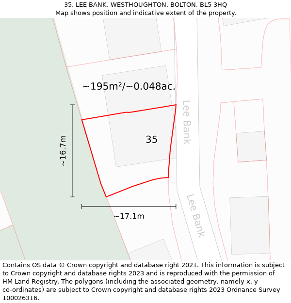 35, LEE BANK, WESTHOUGHTON, BOLTON, BL5 3HQ: Plot and title map