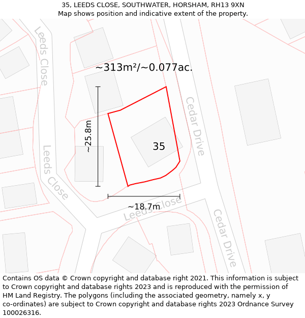 35, LEEDS CLOSE, SOUTHWATER, HORSHAM, RH13 9XN: Plot and title map