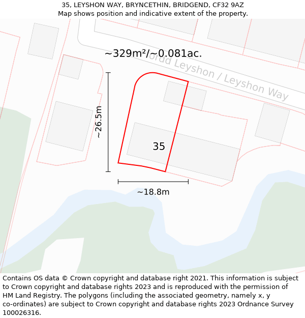 35, LEYSHON WAY, BRYNCETHIN, BRIDGEND, CF32 9AZ: Plot and title map