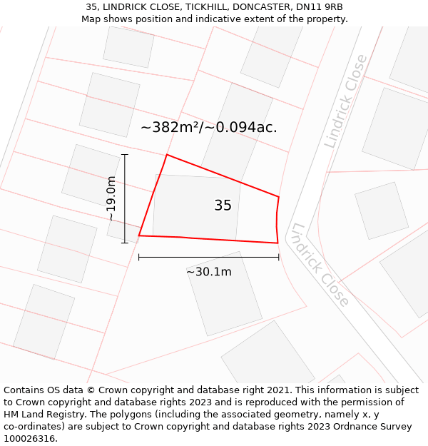 35, LINDRICK CLOSE, TICKHILL, DONCASTER, DN11 9RB: Plot and title map