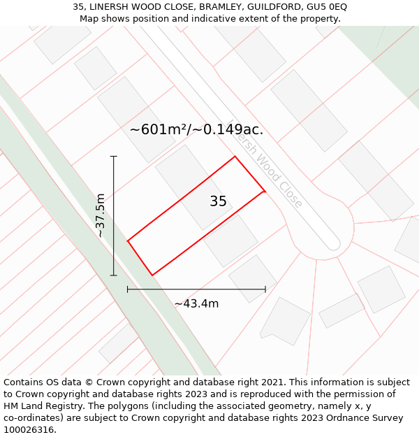 35, LINERSH WOOD CLOSE, BRAMLEY, GUILDFORD, GU5 0EQ: Plot and title map