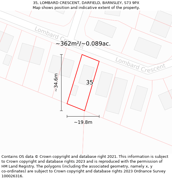 35, LOMBARD CRESCENT, DARFIELD, BARNSLEY, S73 9PX: Plot and title map