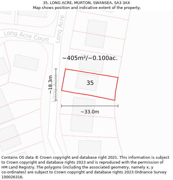 35, LONG ACRE, MURTON, SWANSEA, SA3 3AX: Plot and title map