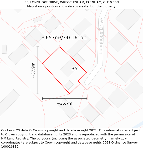 35, LONGHOPE DRIVE, WRECCLESHAM, FARNHAM, GU10 4SN: Plot and title map