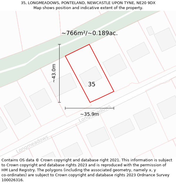 35, LONGMEADOWS, PONTELAND, NEWCASTLE UPON TYNE, NE20 9DX: Plot and title map