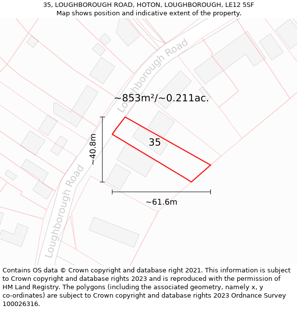 35, LOUGHBOROUGH ROAD, HOTON, LOUGHBOROUGH, LE12 5SF: Plot and title map