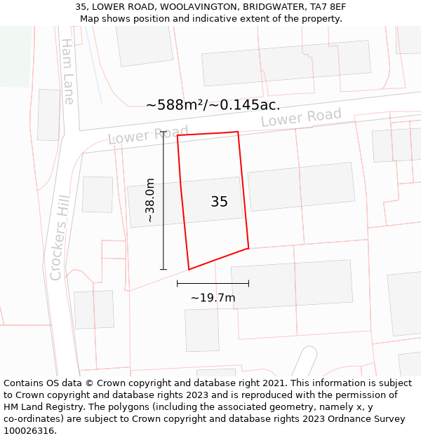 35, LOWER ROAD, WOOLAVINGTON, BRIDGWATER, TA7 8EF: Plot and title map