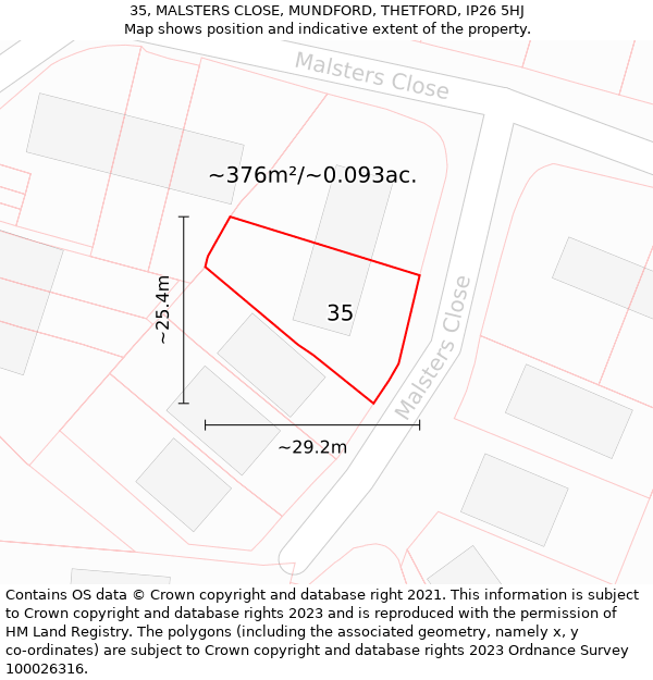 35, MALSTERS CLOSE, MUNDFORD, THETFORD, IP26 5HJ: Plot and title map