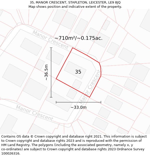 35, MANOR CRESCENT, STAPLETON, LEICESTER, LE9 8JQ: Plot and title map