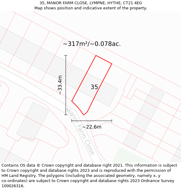35, MANOR FARM CLOSE, LYMPNE, HYTHE, CT21 4EG: Plot and title map