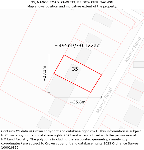 35, MANOR ROAD, PAWLETT, BRIDGWATER, TA6 4SN: Plot and title map