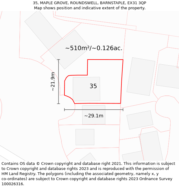 35, MAPLE GROVE, ROUNDSWELL, BARNSTAPLE, EX31 3QP: Plot and title map