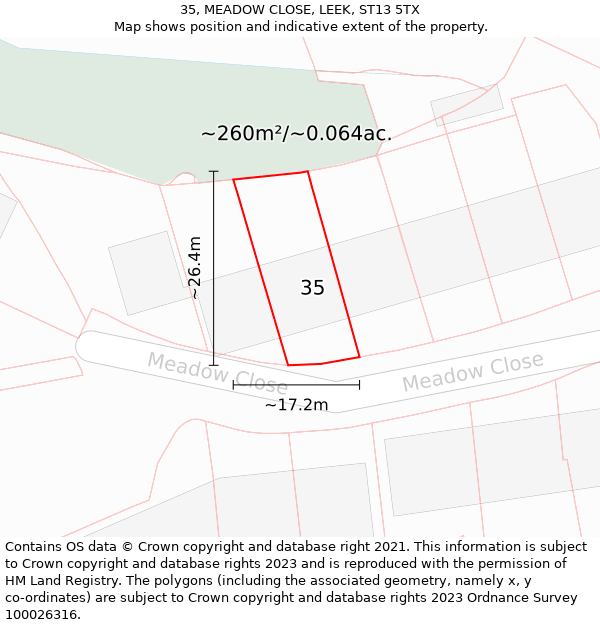 35, MEADOW CLOSE, LEEK, ST13 5TX: Plot and title map