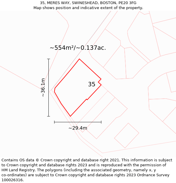 35, MERES WAY, SWINESHEAD, BOSTON, PE20 3FG: Plot and title map