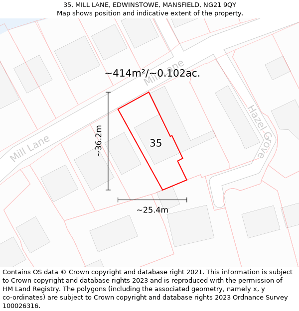 35, MILL LANE, EDWINSTOWE, MANSFIELD, NG21 9QY: Plot and title map