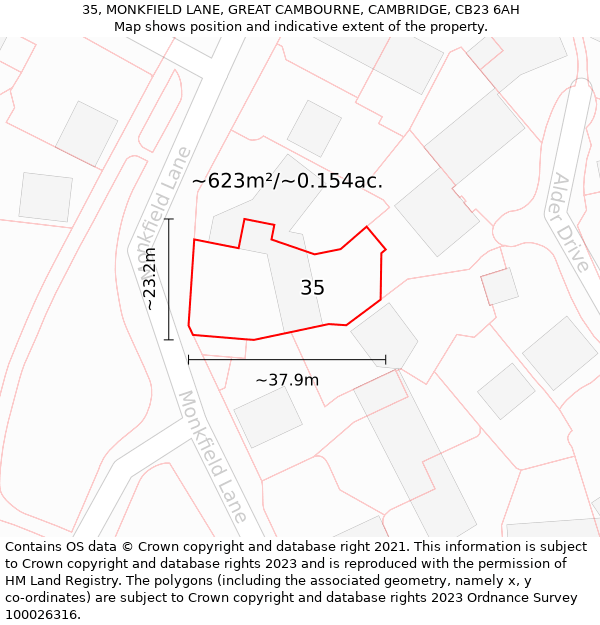 35, MONKFIELD LANE, GREAT CAMBOURNE, CAMBRIDGE, CB23 6AH: Plot and title map