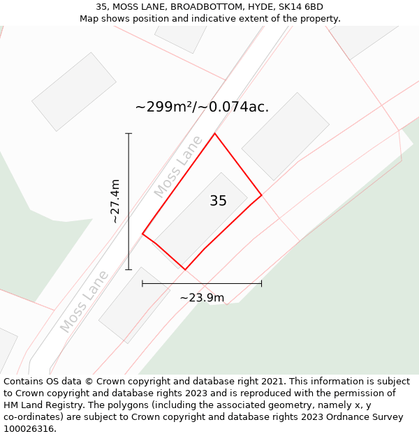 35, MOSS LANE, BROADBOTTOM, HYDE, SK14 6BD: Plot and title map