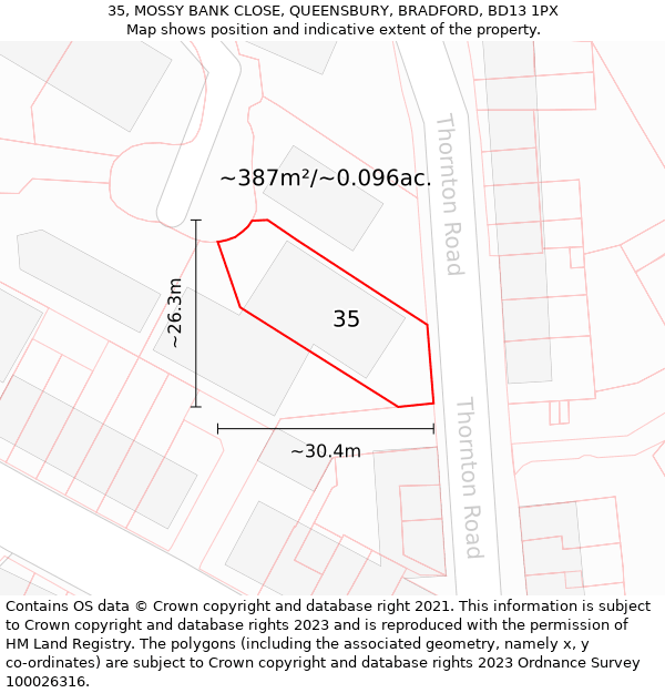 35, MOSSY BANK CLOSE, QUEENSBURY, BRADFORD, BD13 1PX: Plot and title map