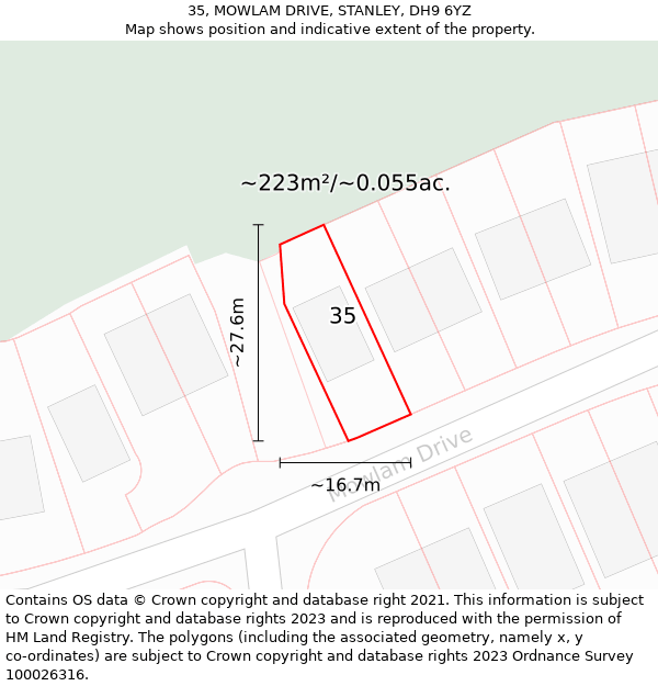 35, MOWLAM DRIVE, STANLEY, DH9 6YZ: Plot and title map