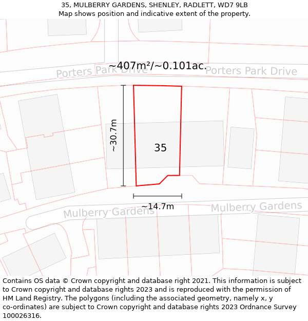 35, MULBERRY GARDENS, SHENLEY, RADLETT, WD7 9LB: Plot and title map