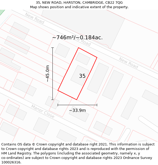 35, NEW ROAD, HARSTON, CAMBRIDGE, CB22 7QG: Plot and title map