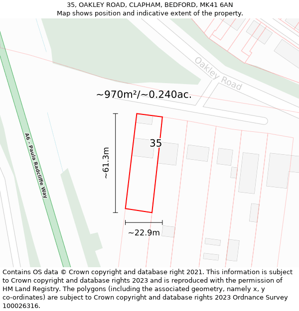 35, OAKLEY ROAD, CLAPHAM, BEDFORD, MK41 6AN: Plot and title map