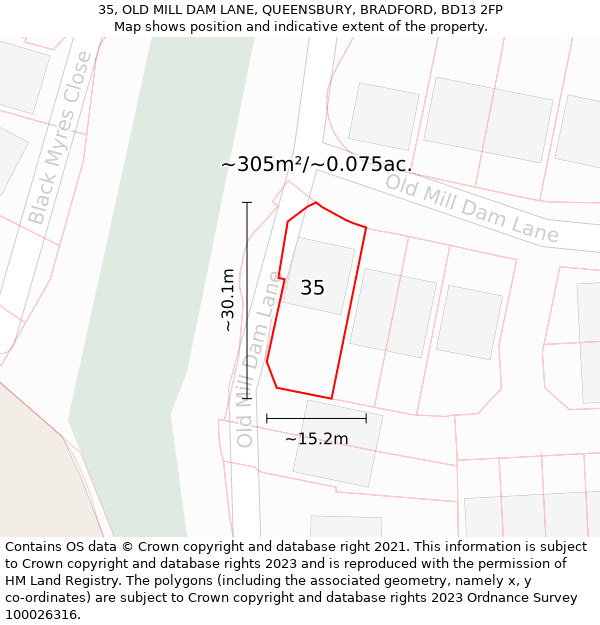 35, OLD MILL DAM LANE, QUEENSBURY, BRADFORD, BD13 2FP: Plot and title map