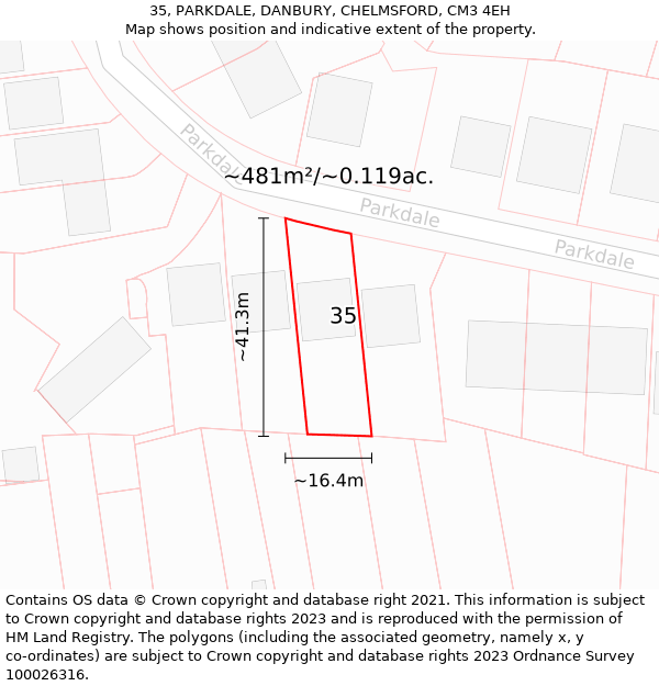 35, PARKDALE, DANBURY, CHELMSFORD, CM3 4EH: Plot and title map