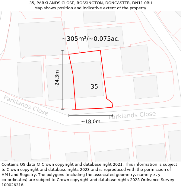 35, PARKLANDS CLOSE, ROSSINGTON, DONCASTER, DN11 0BH: Plot and title map