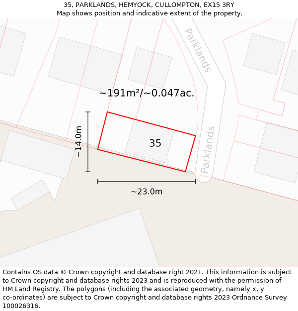 35, PARKLANDS, HEMYOCK, CULLOMPTON, EX15 3RY: Plot and title map