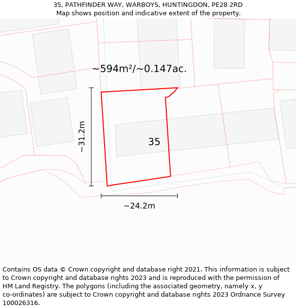 35, PATHFINDER WAY, WARBOYS, HUNTINGDON, PE28 2RD: Plot and title map