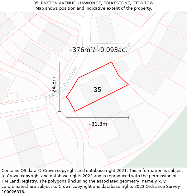 35, PAXTON AVENUE, HAWKINGE, FOLKESTONE, CT18 7GW: Plot and title map