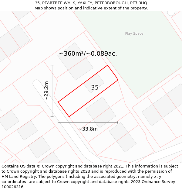 35, PEARTREE WALK, YAXLEY, PETERBOROUGH, PE7 3HQ: Plot and title map