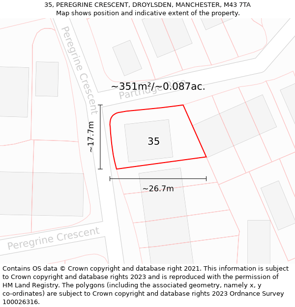 35, PEREGRINE CRESCENT, DROYLSDEN, MANCHESTER, M43 7TA: Plot and title map