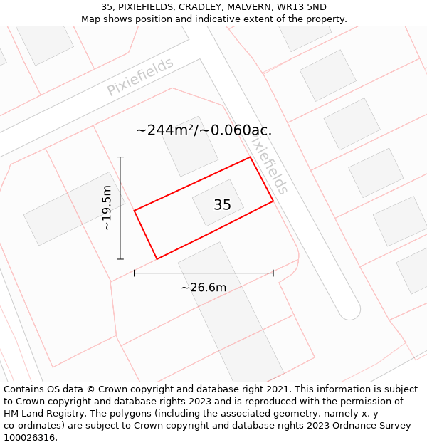 35, PIXIEFIELDS, CRADLEY, MALVERN, WR13 5ND: Plot and title map