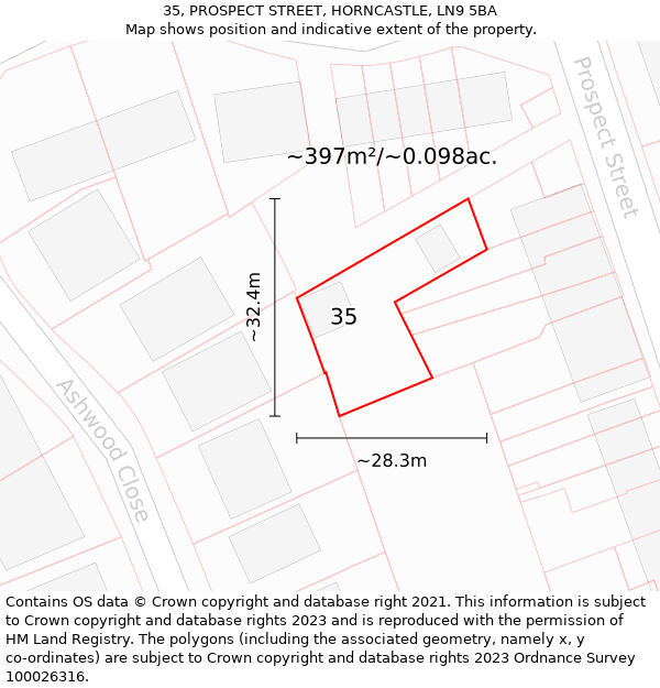 35, PROSPECT STREET, HORNCASTLE, LN9 5BA: Plot and title map
