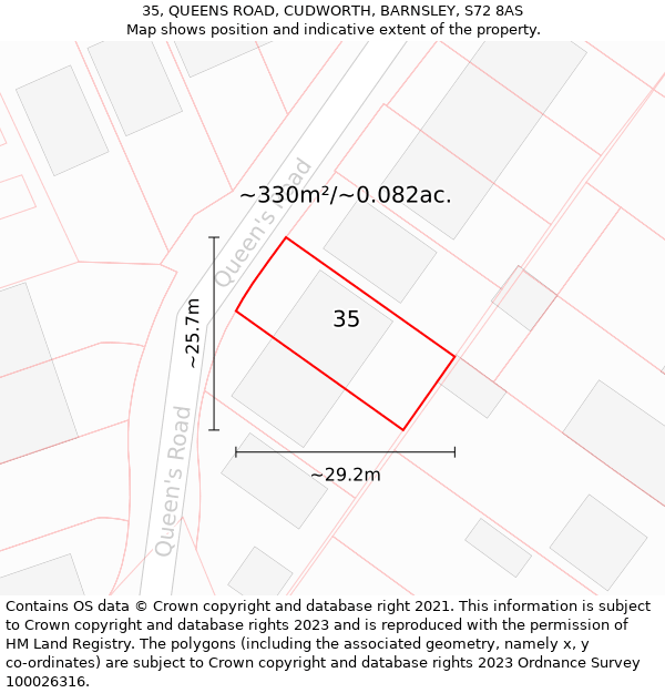 35, QUEENS ROAD, CUDWORTH, BARNSLEY, S72 8AS: Plot and title map