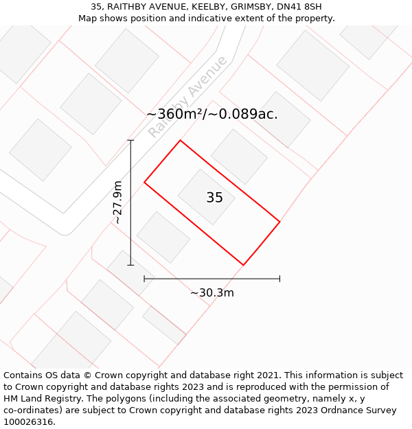 35, RAITHBY AVENUE, KEELBY, GRIMSBY, DN41 8SH: Plot and title map