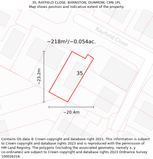 35, RAYFIELD CLOSE, BARNSTON, DUNMOW, CM6 1PL: Plot and title map