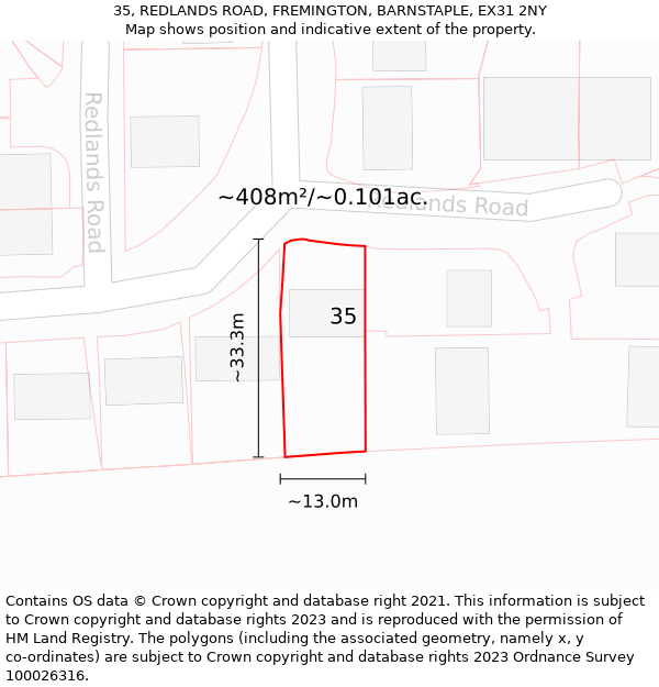 35, REDLANDS ROAD, FREMINGTON, BARNSTAPLE, EX31 2NY: Plot and title map