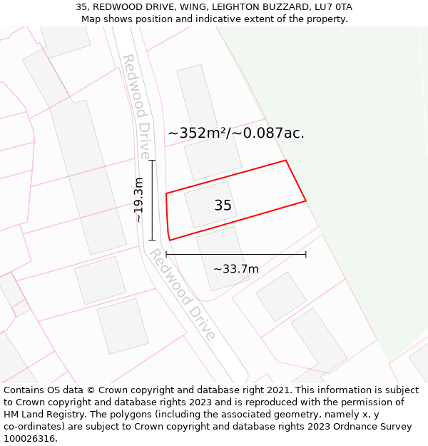 35, REDWOOD DRIVE, WING, LEIGHTON BUZZARD, LU7 0TA: Plot and title map