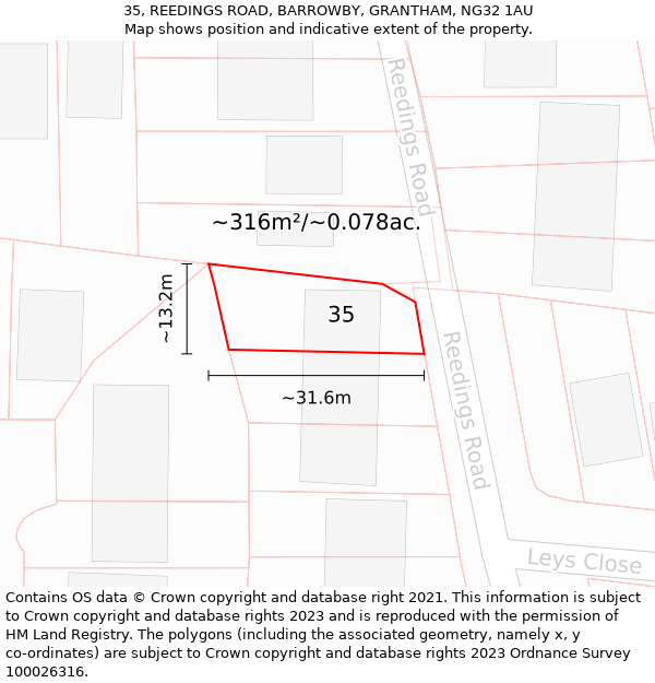 35, REEDINGS ROAD, BARROWBY, GRANTHAM, NG32 1AU: Plot and title map