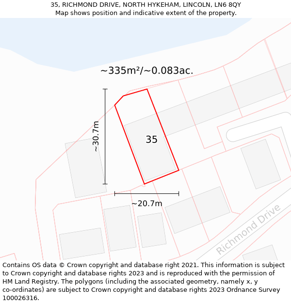 35, RICHMOND DRIVE, NORTH HYKEHAM, LINCOLN, LN6 8QY: Plot and title map