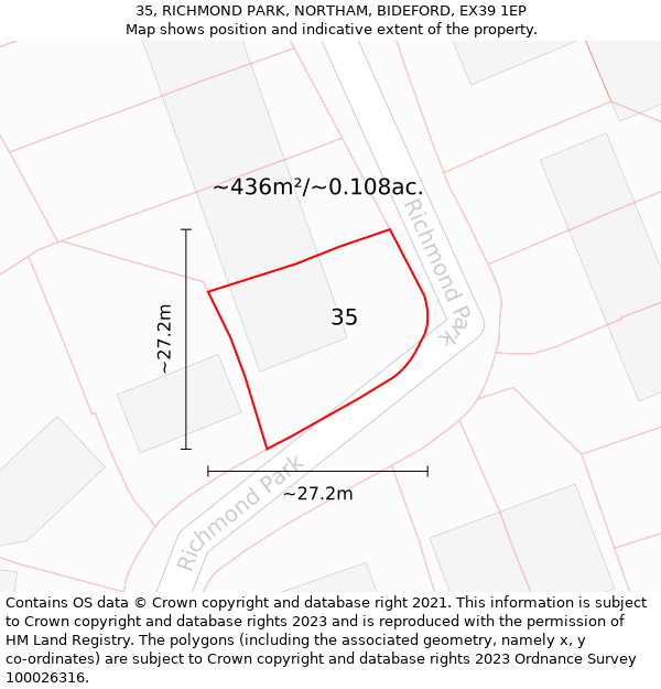 35, RICHMOND PARK, NORTHAM, BIDEFORD, EX39 1EP: Plot and title map