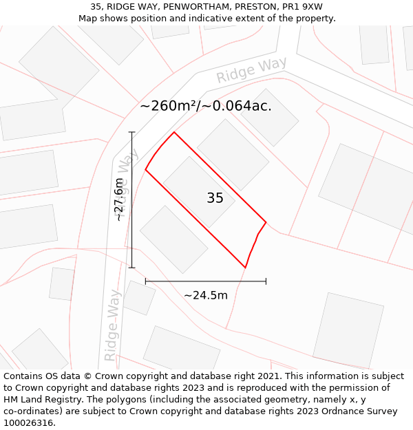 35, RIDGE WAY, PENWORTHAM, PRESTON, PR1 9XW: Plot and title map