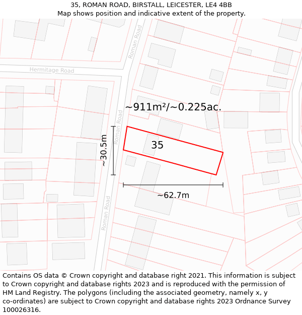 35, ROMAN ROAD, BIRSTALL, LEICESTER, LE4 4BB: Plot and title map