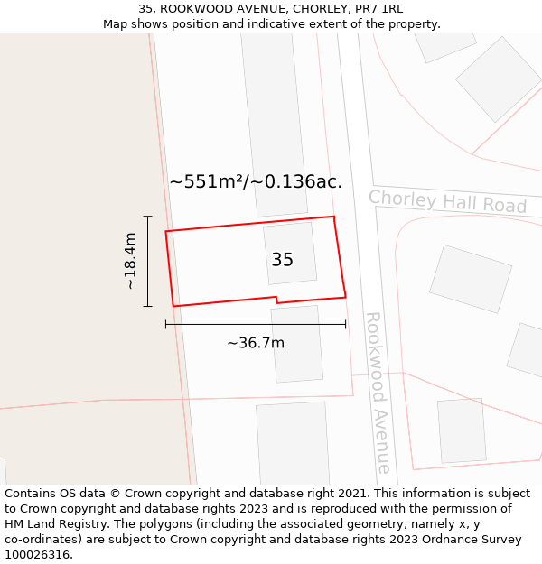 35, ROOKWOOD AVENUE, CHORLEY, PR7 1RL: Plot and title map