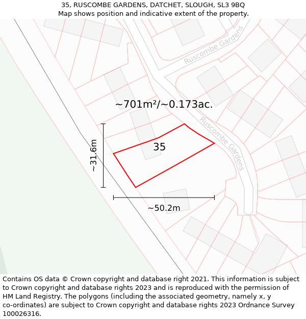 35, RUSCOMBE GARDENS, DATCHET, SLOUGH, SL3 9BQ: Plot and title map