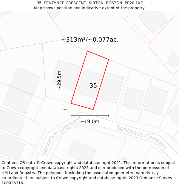 35, SENTANCE CRESCENT, KIRTON, BOSTON, PE20 1XF: Plot and title map