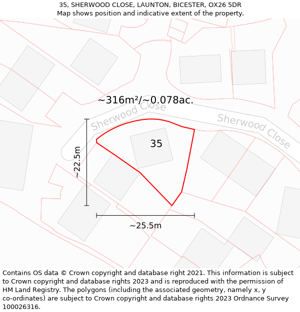 35, SHERWOOD CLOSE, LAUNTON, BICESTER, OX26 5DR: Plot and title map